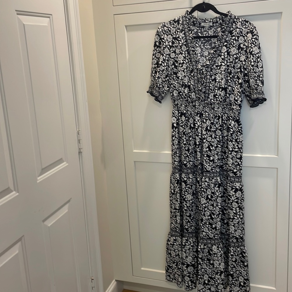 Max Studio Black and White Floral Tiered Maxi Dress with Smocked Waist